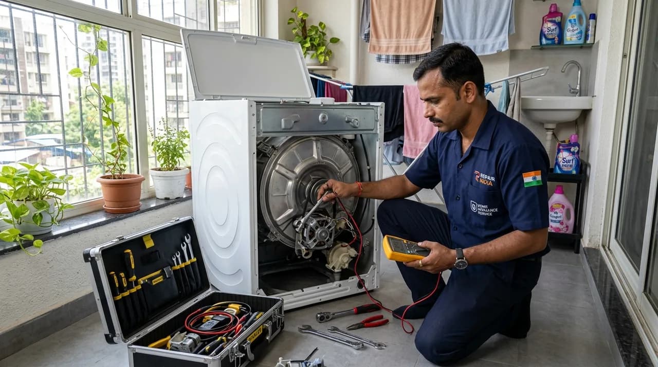 Indian male technician repairing front load washing machine motor in Hosur